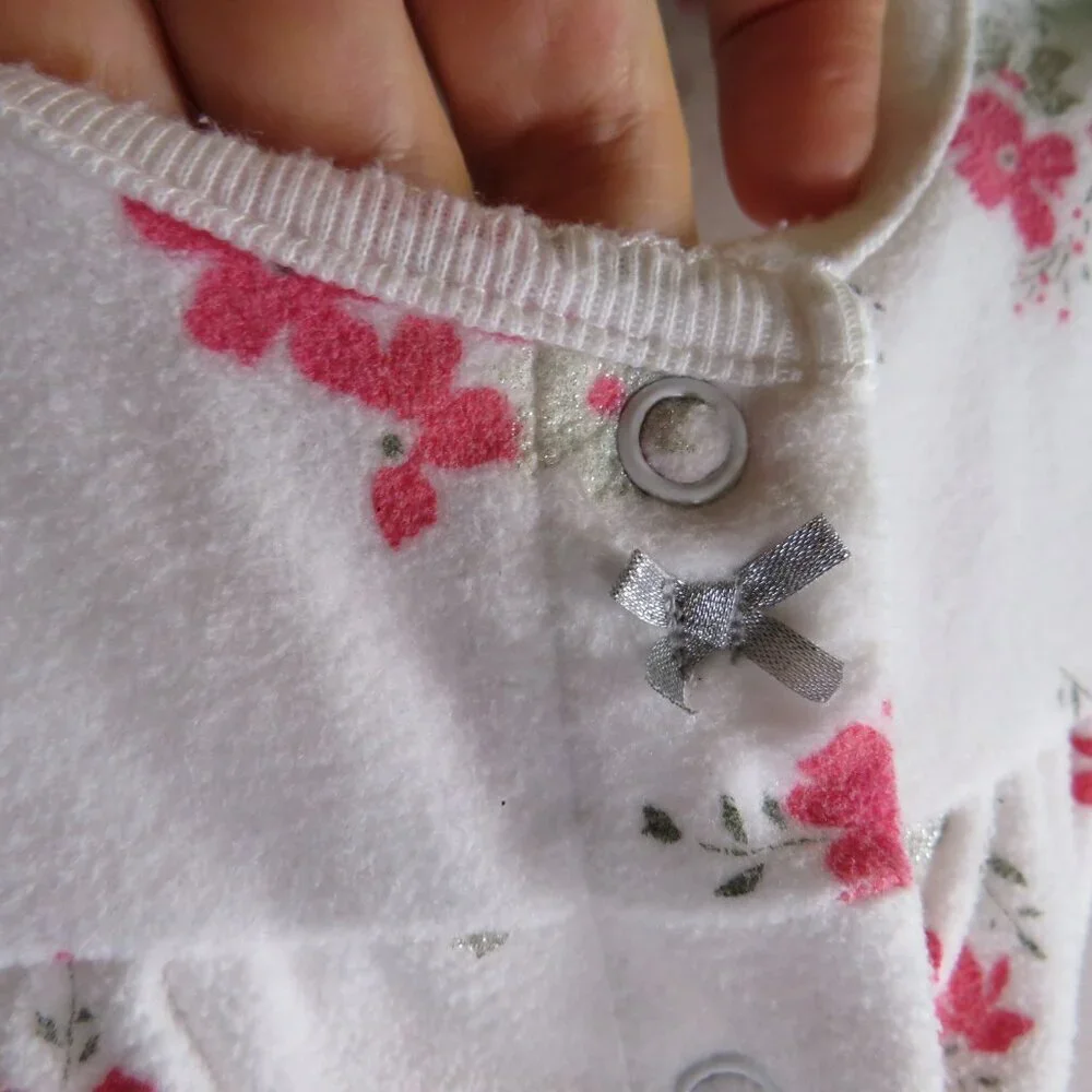 Baby Pink Floral bodysuit FULLY OPENS IN FRONT silver glittered fabric 3mts